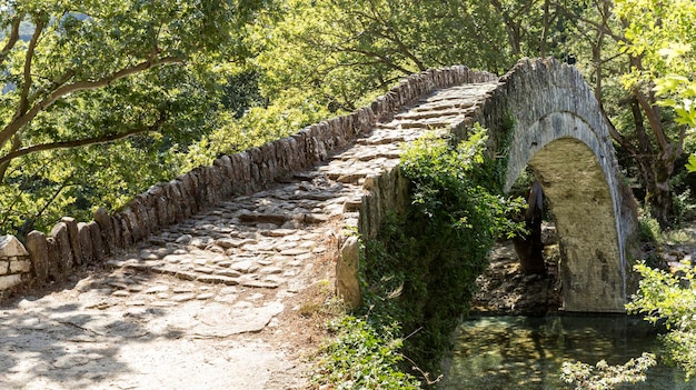 Antiguo puente arqueado de piedra sobre el río Voidomatis en el día soleado de verano Epiro región Grecia