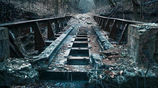 Foto antiguo puente ferroviario en medio de un bosque el puente está hecho de madera y metal las tablas de madera están rotas y faltan en algunos lugares