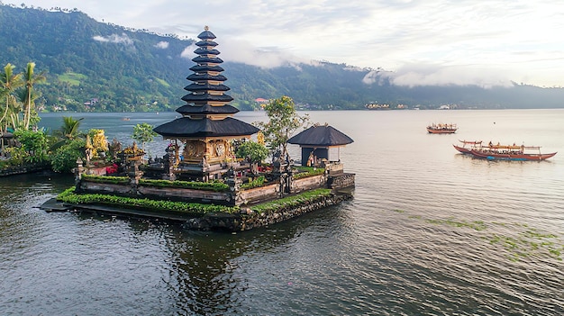 Antiguo pura ulun danu bratan besakih o famoso templo hindú y turista en la isla de bali al amanecer
