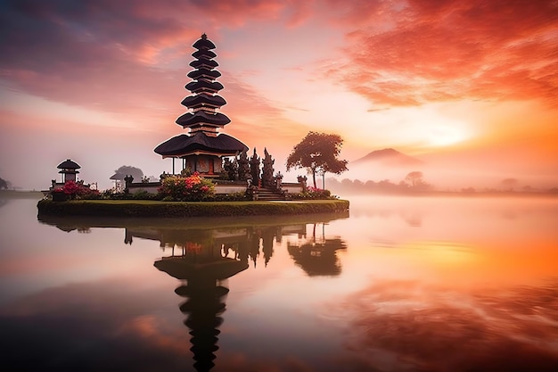 El antiguo pura ulun danu bratan besakih o famoso templo hindú y turista en la isla de Bali al amanecer