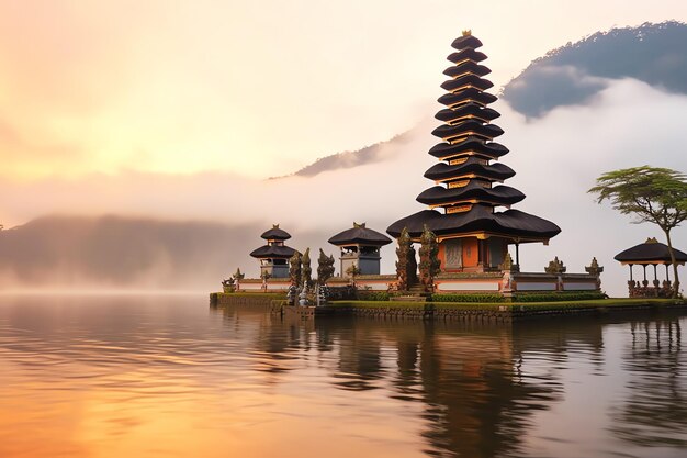 El antiguo pura ulun danu bratan besakih o famoso templo hindú y turista en la isla de Bali al amanecer