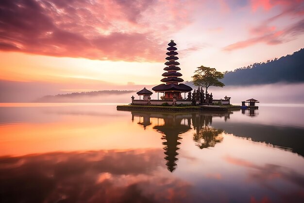 Foto el antiguo pura ulun danu bratan besakih o famoso templo hindú y turista en la isla de bali al amanecer