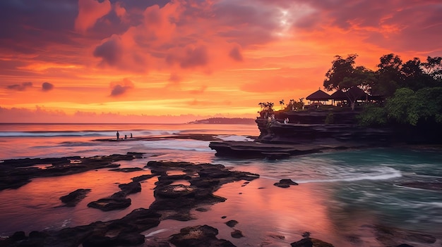 Antiguo pura ulun danu bratan besakih o famoso templo hindú y turista en la isla de bali al amanecer