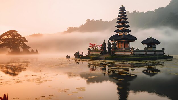 Antiguo pura ulun danu bratan besakih o famoso templo hindú y turista en la isla de bali al amanecer