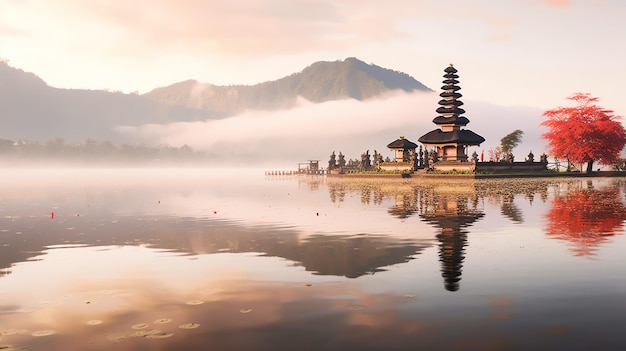 Antiguo pura ulun danu bratan besakih o famoso templo hindú y turista en la isla de bali al amanecer