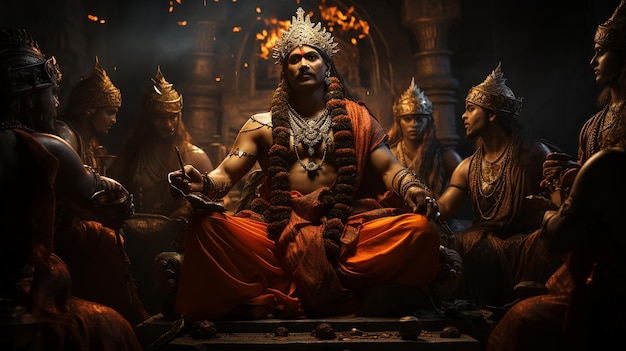 El antiguo Raja hindú en el majestuoso trono