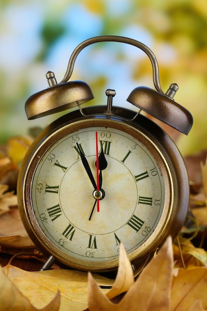 Antiguo reloj de hojas de otoño en la mesa de madera en la naturaleza desenfocada