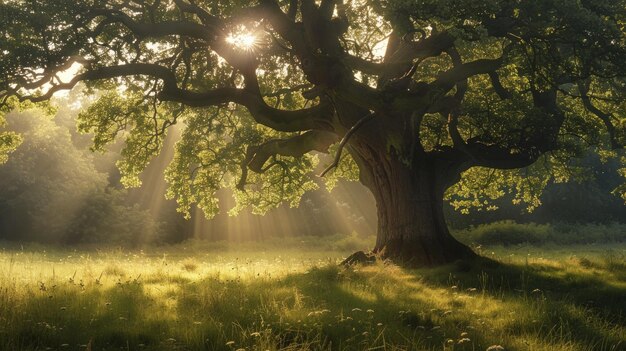 Antiguo roble en un prado sereno con la luz del sol filtrando a través de las ramas AI Generative