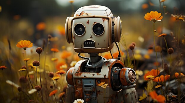 Un antiguo robot está de pie en un campo de flores