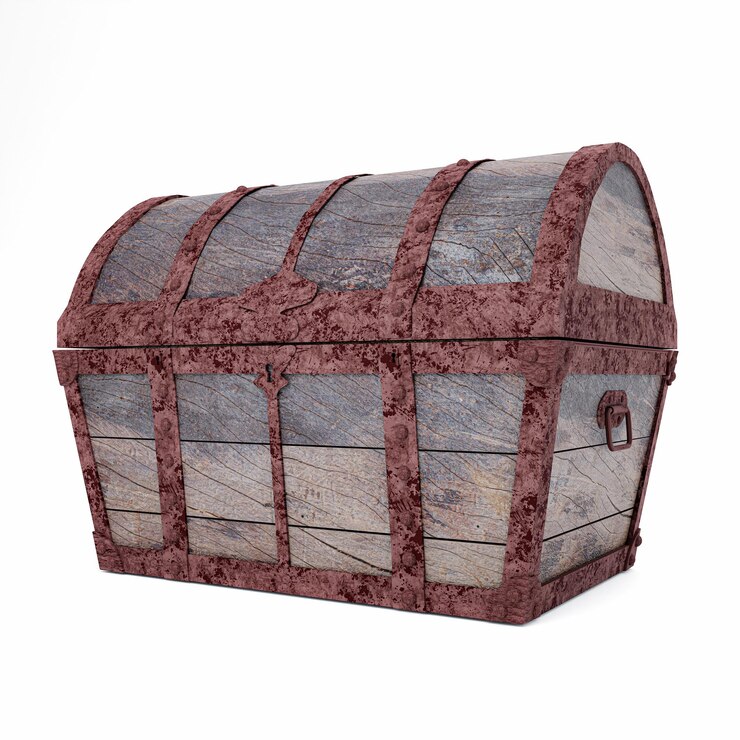 Antiguo y roto cofre del tesoro pirata vintage podrido y roto para almacenar objetos de valor hecho de madera agrietada y textura de metal oxidado aislado sobre fondo blanco y papel tapiz 3D Rendering