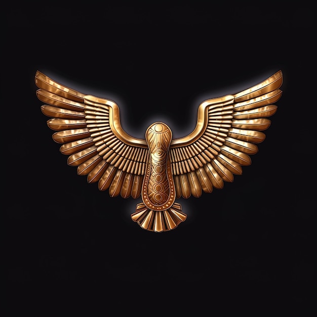 Antiguo símbolo de alas doradas aislado sobre fondo oscuro Ilustración de un ala egipcia en forma digital IA generativa