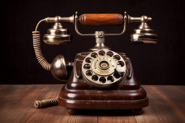 Antiguo teléfono rotatorio en mesa de madera nostalgia deco