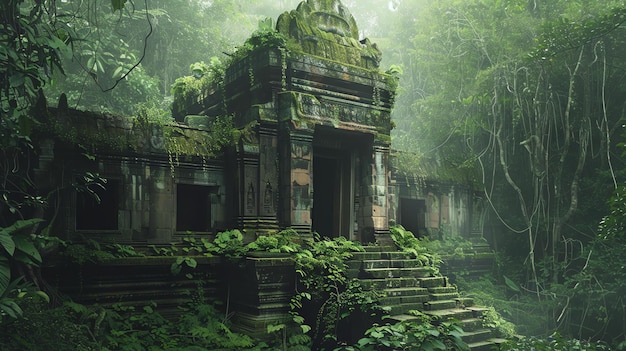 Un antiguo templo escondido en la selva el templo está cubierto de vides y musgo y los árboles a su alrededor son altos y exuberantes