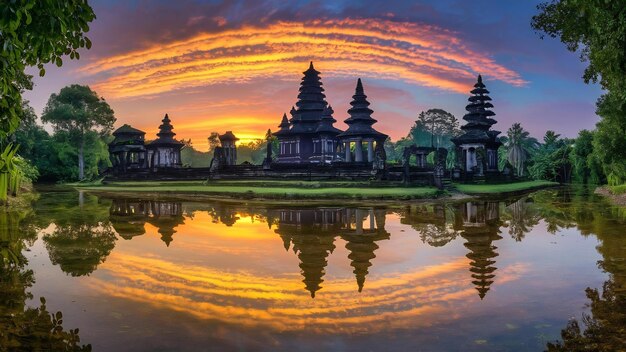 Foto el antiguo templo pura ulun danu bratan se refleja con un cielo colorido al amanecer
