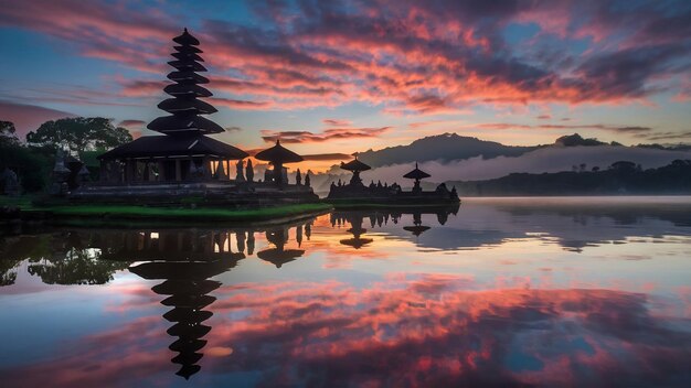 El antiguo templo pura ulun danu bratan se refleja con un cielo colorido al amanecer