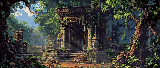 "Antiguo templo rodeado de una densa selva"