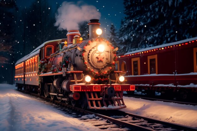 Foto un antiguo tren festivo de navidad viaja a través de un paisaje nevado nocturno entre bosques