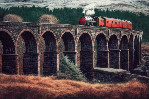 El antiguo tren de vapor cruza un viaducto de piedra