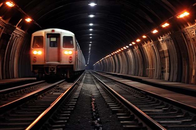 Antiguo túnel de metro urbano iluminado por las luces de un tren que se acerca AI generativa