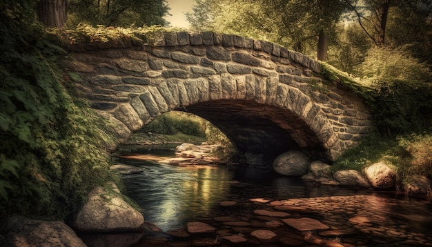 Antiguos arcos de puentes de piedra sobre aguas tranquilas en un barranco forestal generados por inteligencia artificial