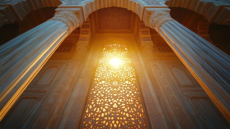Antiguos arcos. Los rayos de sol atraviesan las intrincadas tallas que iluminan los ornamentados pilares de una histórica mezquita.