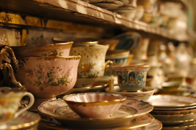 Antiguos cuencos y platos de porcelana en una estantería de madera