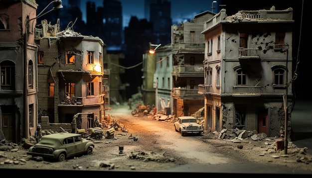 Antiguos edificios grises de la Segunda Guerra Mundial en exhibición con un estilo de iluminación en miniatura