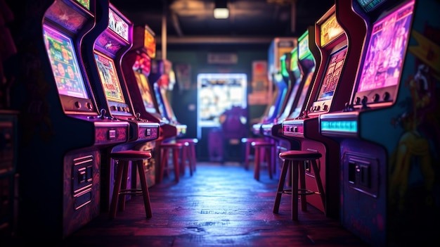 Antiguos videojuegos de arcade en una sala de juegos oscura vacía con luz azul con pantallas brillantes y hermoso diseño retro