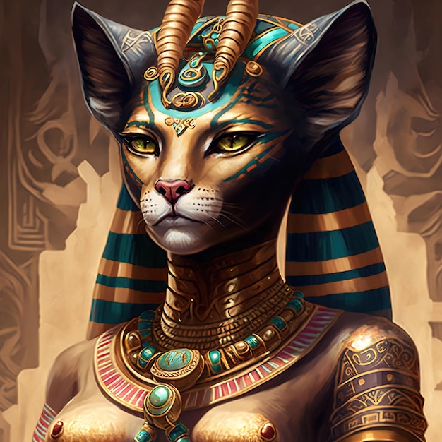 Antike ägyptische Göttin Bastet Alte ägyptiische Katzenfrau mit Goldschmuck KI