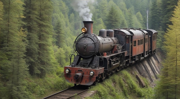 Antike Lokomotive tuckert durch bergigen Wald auf verlassener Eisenbahnstrecke von Generative AI