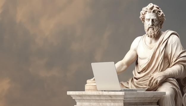 Foto antike männerstatue mit laptop