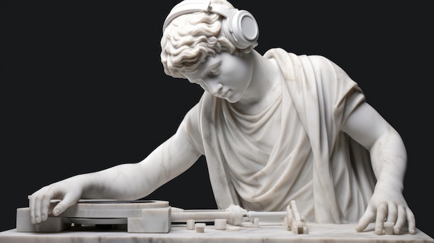 Antike Marmorskulptur eines DJs. Klassische Statue eines männlichen Musikers, der DJ-Plattenspieler spielt