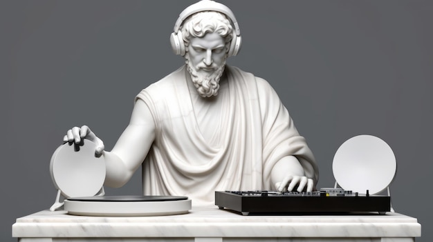 Antike Marmorskulptur eines DJs. Klassische Statue eines männlichen Musikers, der DJ-Plattenspieler spielt