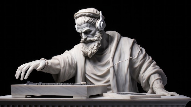 Antike Marmorskulptur eines DJs. Klassische Statue eines männlichen Musikers, der DJ-Plattenspieler spielt