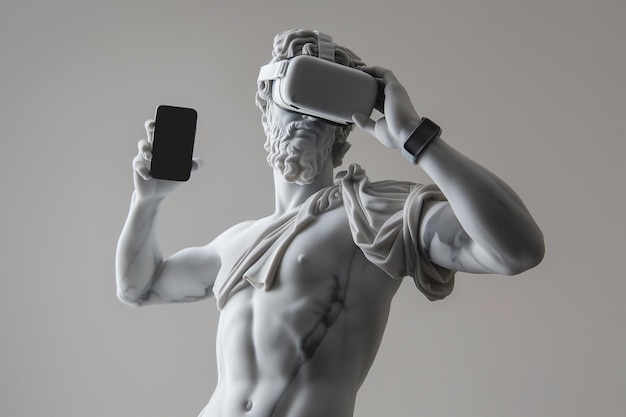 Antike Marmorskulptur mit VR-Headset Statue mit Virtual-Reality-Brille mit Smartphone Metaverse-Welt erkundet mit VR-Brille VR-Spiele Konzept Futurismus moderne Technologie und Kunst