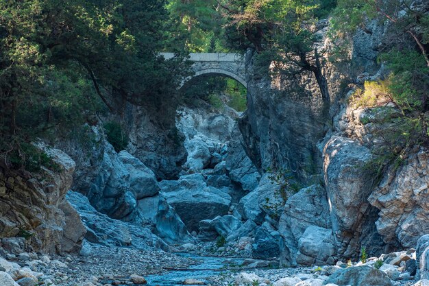 Antike römische Brücke über eine schattige Bergschlucht in der Schlucht von Kesme Bogazi, Türkei