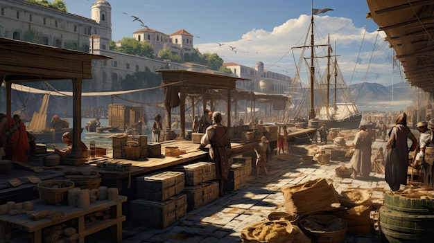 Antike römische Kaufleute, die Waren in einem Hafen verkaufen