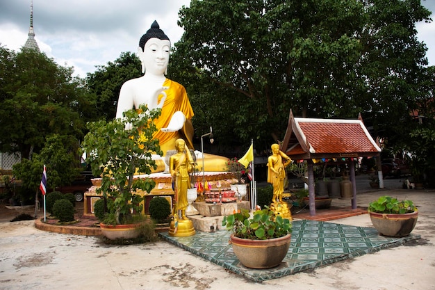 Antike Ruine Buddha-Statuen für thailändische Reisende besuchen und respektieren das Beten mit Segen heiliger Mysterienverehrung im Wat Khao Nang Buat oder Phra Achan Thammachot Tempel in Suphan Buri Thailand