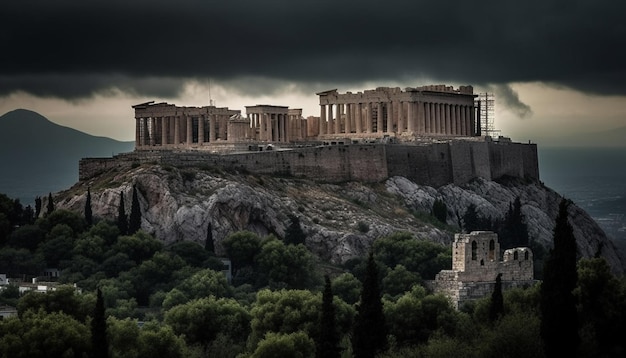 Foto antike ruinen majestätischer griechischer architektur in der abenddämmerung, generiert von ki