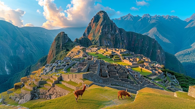 Antike Ruinen von Machu Picchu mit grasenden Lamas im Vordergrund unter einem klaren blauen Himmel