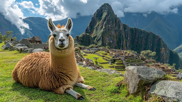 Antike Ruinen von Machu Picchu mit grasenden Lamas im Vordergrund unter einem klaren blauen Himmel