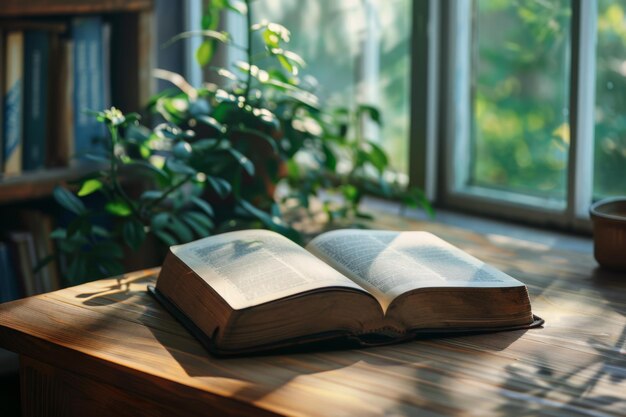 Foto antike schriftrollen und bücher auf einem holztisch mit sonnenlicht, das durch fenster strömt