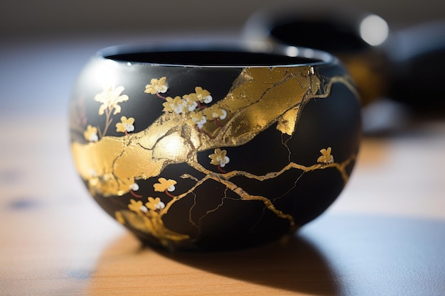 Antike schwarz-goldene kintsugi-schale. restaurierung goldener risse auf  alter japanischer keramik | Premium-Foto