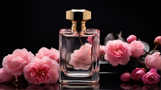 Antike und luxuriöse Parfümflasche mit rosa Blumenkomposition auf dunklem Hintergrund