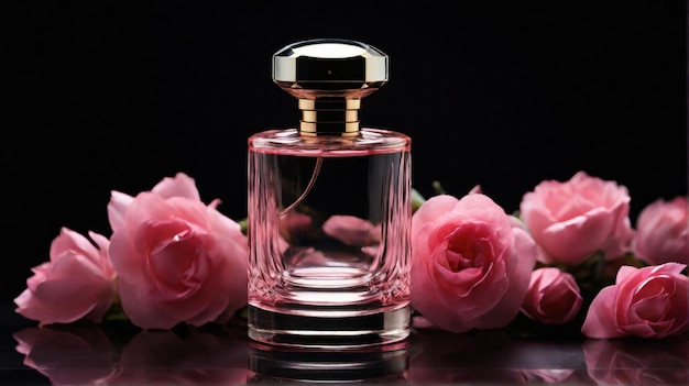 Antike und luxuriöse Parfümflasche mit rosa Blumenkomposition auf dunklem Hintergrund