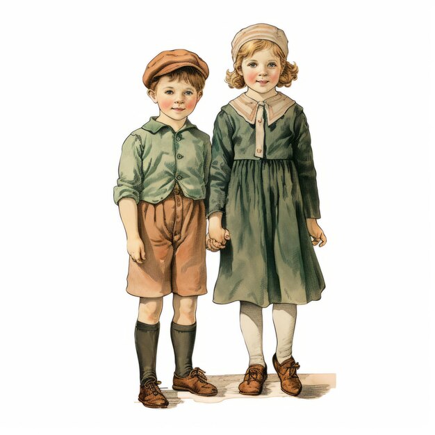 Antike Vintage-Clipart-Zeichnung eines jungen, kleinen Paares, das sich die Hände hält.