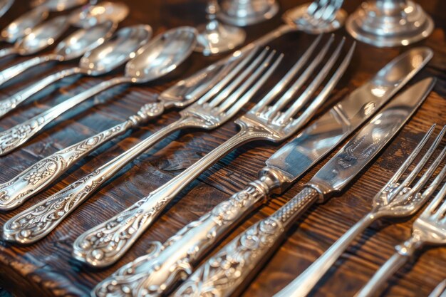 Antike Vintage-Silberwarenkollektion auf Holztisch Elegante Gabeln Löffel und Messer Geschirr