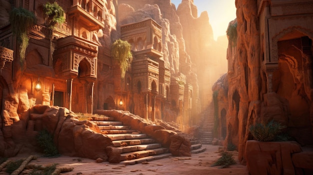 Antike Wüstenstadt, die in Klippen aus Sandstein gebaut wurde, bei Sonnenuntergang