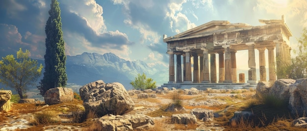 Antiker griechischer Tempel im Sonnenlicht auf dem Himmel Hintergrund Landschaft mit altem Gebäude im Sommer Konzept der Geschichte Griechenland antike Reise