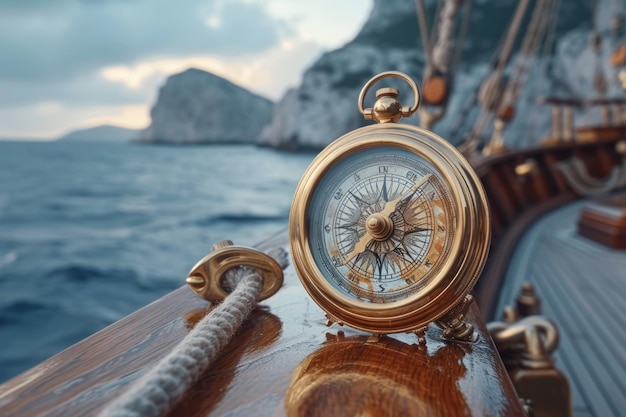 Foto antiker messingkompass auf dem holzdeck eines segelbootes gegen die gebirgige küste